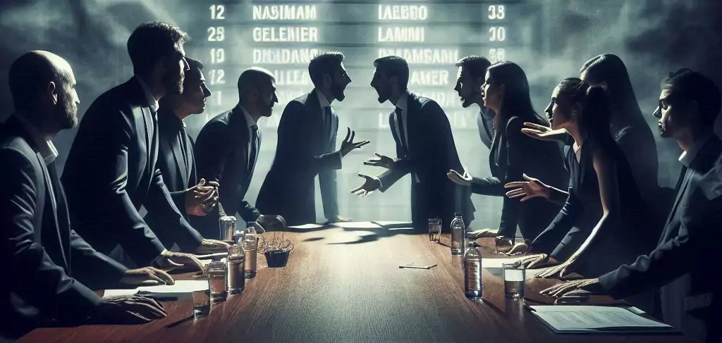 Coaches arguing over players in a dark smoky room