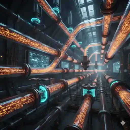 Text flowing through a transparent pipe network